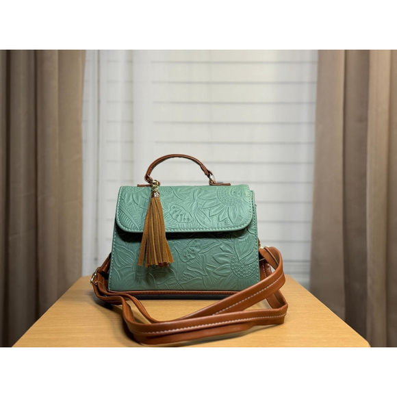 Sage Green Sunflower Embossed Tooled Artisan LEATHER Crossbody Handbag Purse - Picture 7 of 13